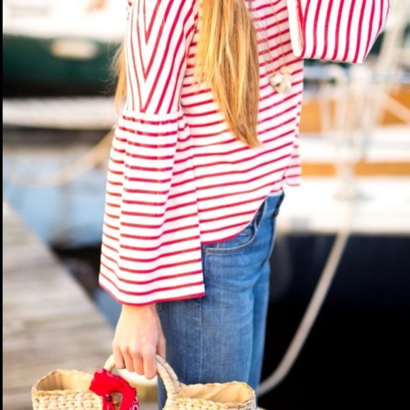 J.Crew red striped bell sleeve top XSmall - Picture 2 of 3